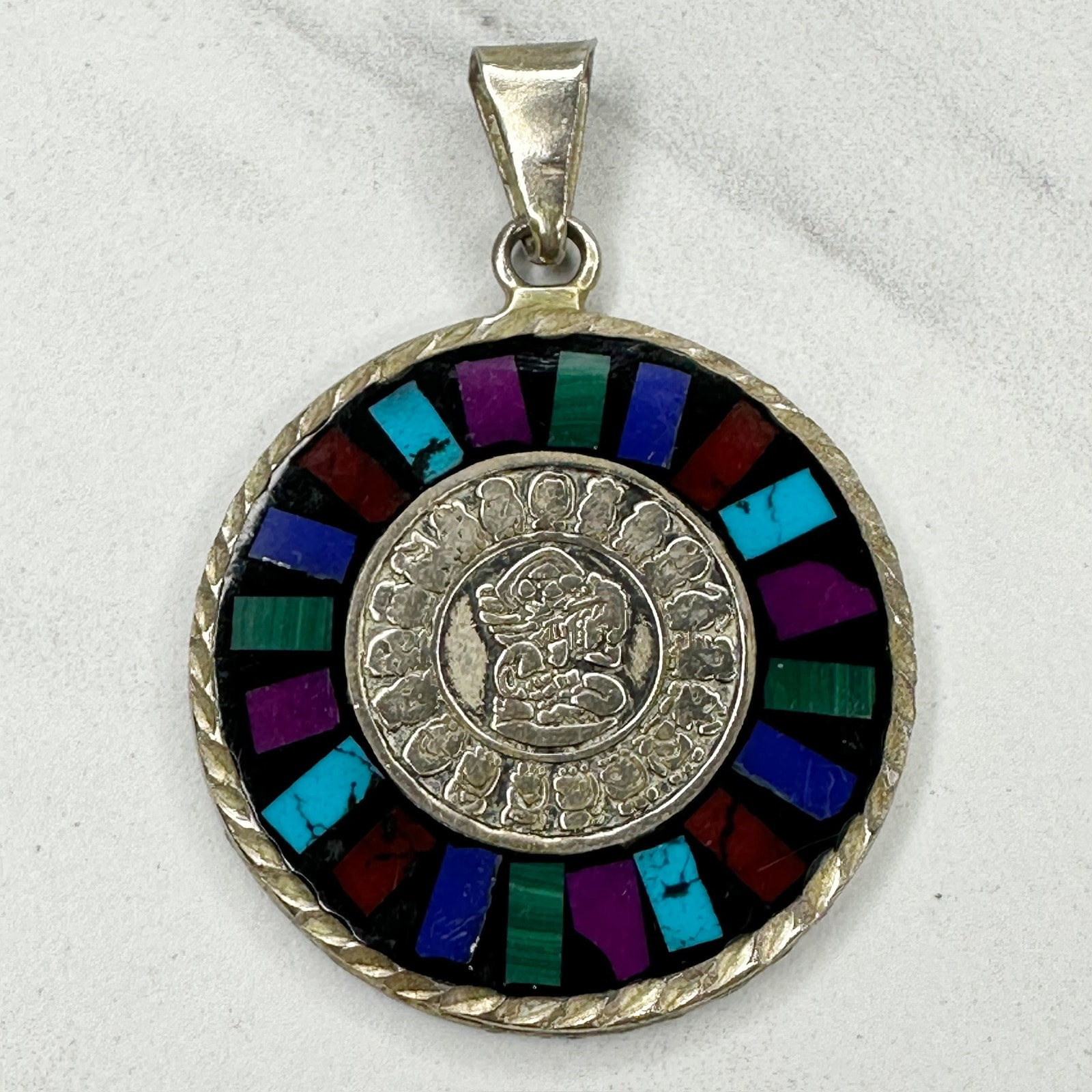 Vintage Mexico Silver Tone Reversible Mayan Calendar Inlay Pendant